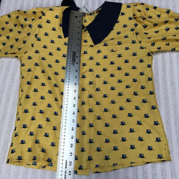 Vintage FRANK YOUNG Size 4 Silk Blouse Yellow Navy Crests Ribbons Button Back - Picture 7 of 8
